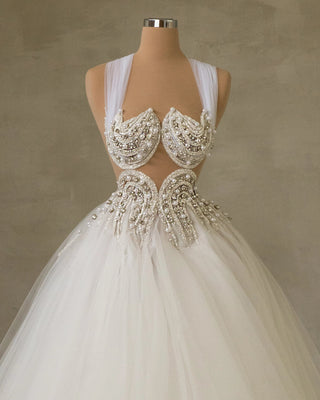 Elegant Bridal Dress with Crystal-Adorned Chest Cut-Out