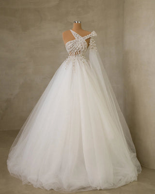 Chic Bridal Dress with Crystal-Embellished Side Cape