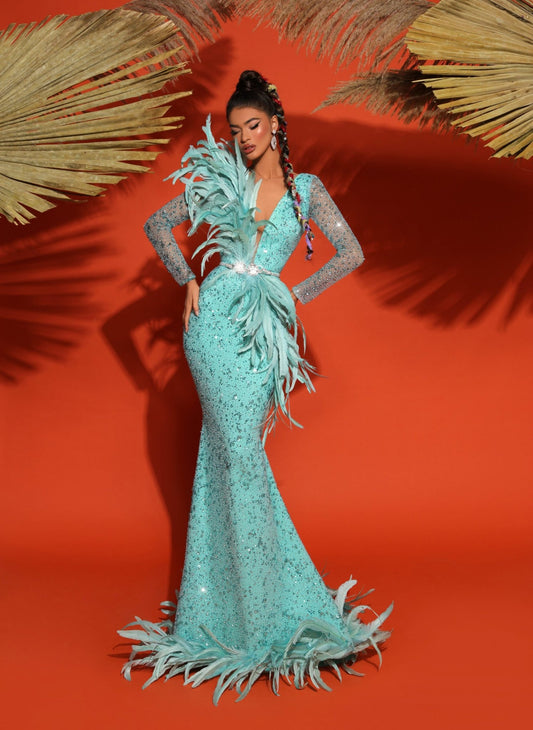 AquaFeathersLong DressWomen - Blini Fashion House