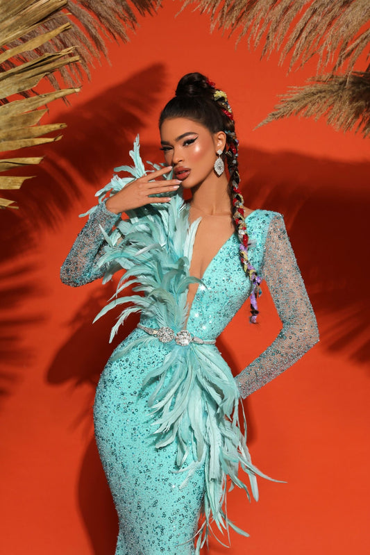 AquaFeathersLong DressWomen - Blini Fashion House