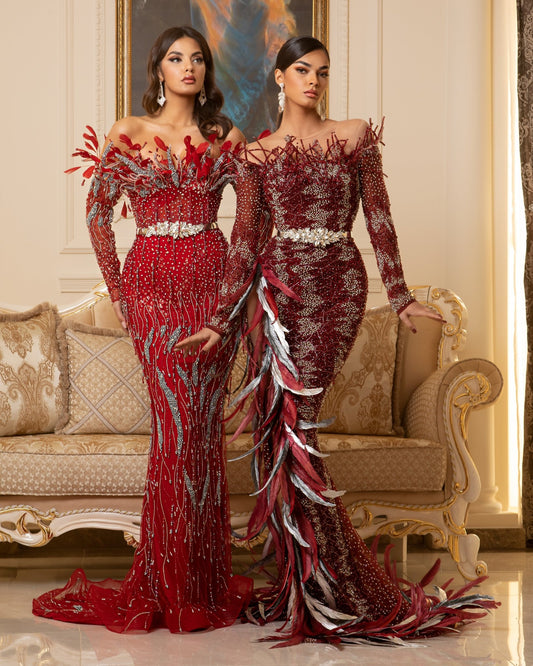 CrystalsLong DressLong SleevesWomen - Blini Fashion House