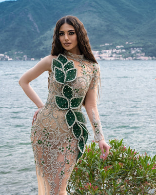 Verdant Emerald One-Shoulder Lace Gown