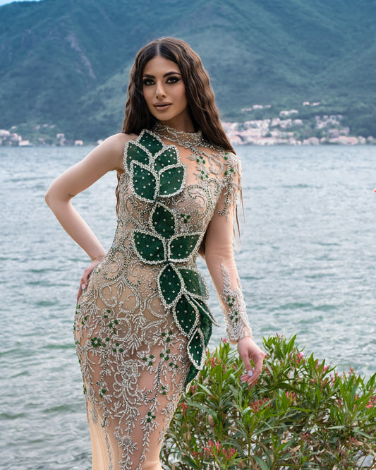 Verdant Emerald One-Shoulder Lace Gown