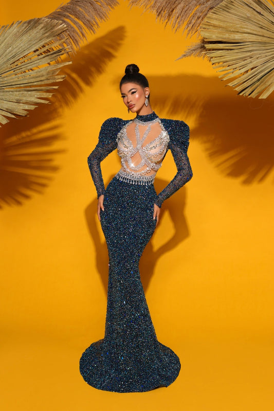 Dark BlueHigh NeckLong DressWomen - Blini Fashion House