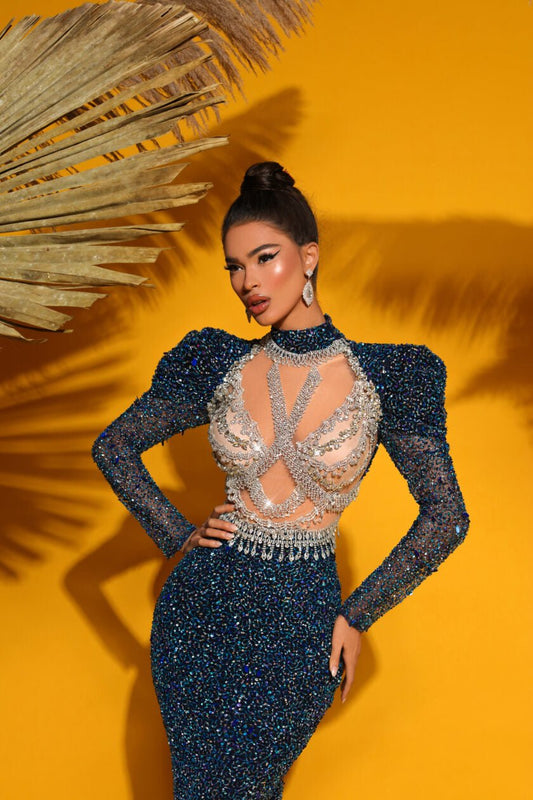 Dark BlueHigh NeckLong DressWomen - Blini Fashion House