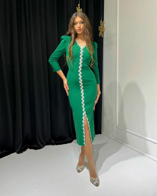 Tea-Length Green Dress with Stones - Elegant V-Neck and Long Sleeves