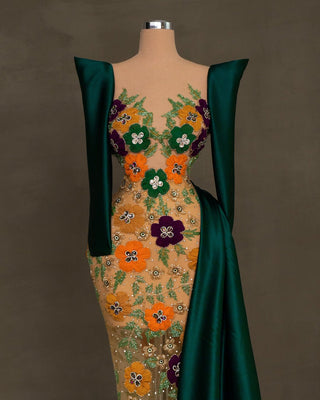 Long Green Dress with Floral Lace - Sophisticated Gown