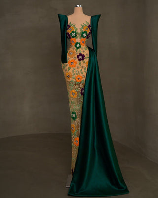Luxury Green Evening Dress - Exquisite Flower Details and Satin Sleeves
